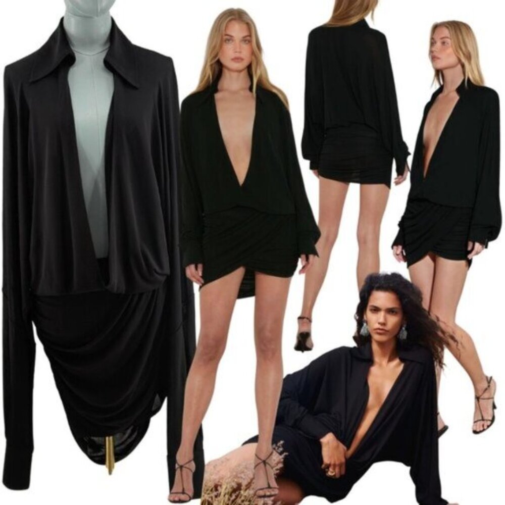 🆕 RAT & BOA 🧿 NWOT Raven Draped Long Sleeve Jersey Mini Dress, Black - Sz M